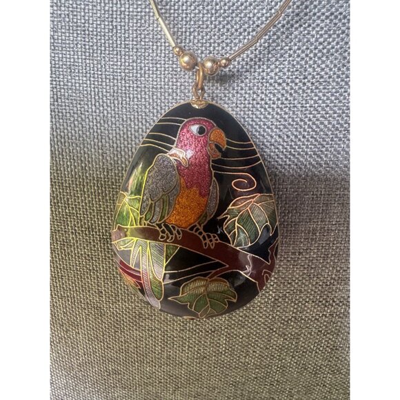 Handcrafted Cloisonné Parrot Pendant Necklace With Gold-Tone Chain - Picture 1 of 7